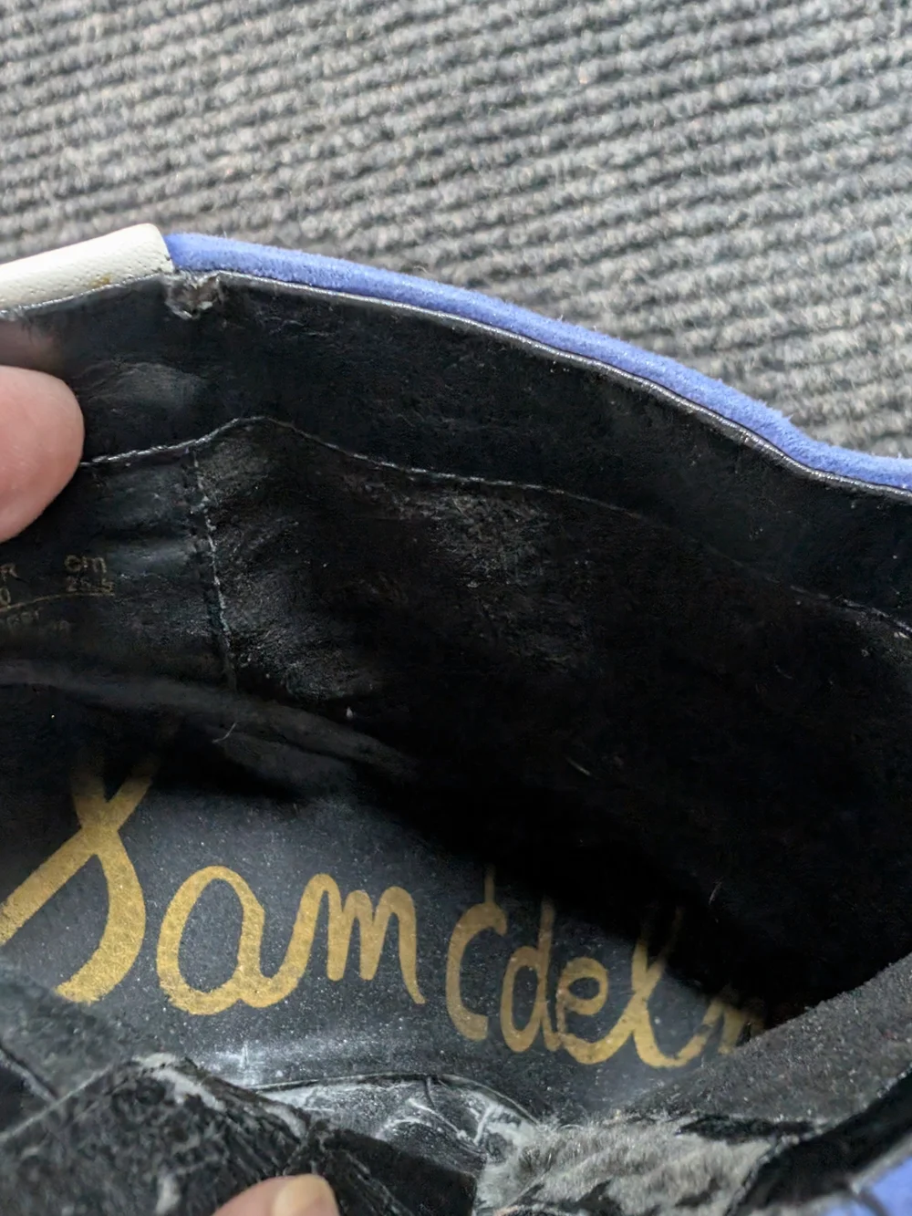 Sam Edelman Black Suede Ankle Boots with Cream Leather Heel and Blue Suede Cuff